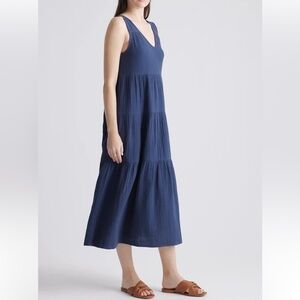 Quince 100% organic cotton Gauze tiered Navy Blue Sleeveless maxi dress size L
